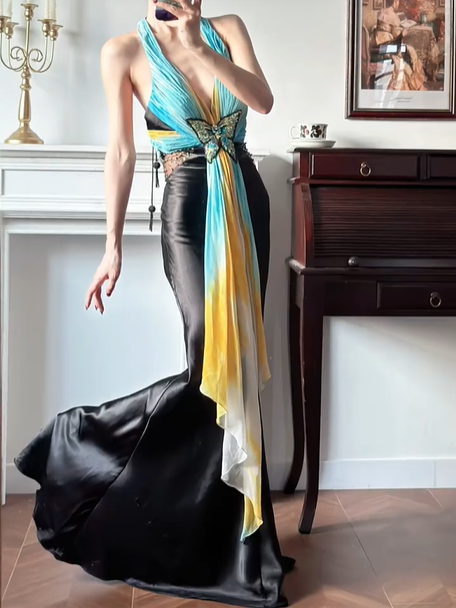Black‑Satin Halter‑V‑Neck Ombre‑Chiffon Butterfly‑Beaded‑Applique Mermaid Floor‑Length Vintage Evening Prom Gown gh8796