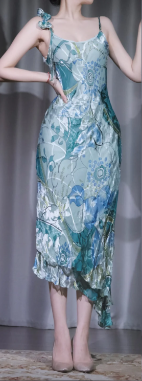 Spaghetti Strap Teal Floral Midi Evening Dress, Satin Gown with 3D Bow & Asymmetrical Ruffle gh9909