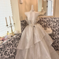 Light Grey Off-the-Shoulder Cinched Waist Tiered Skirt Long Romantic Dress, Wedding Gown gh7785