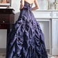 Dark‑Purple Strapless Beaded‑Rhinestone‑Embroidery Bow‑Gem Pick‑Up‑Ballgown Floor‑Length Vintage Evening Prom Gown gh8804