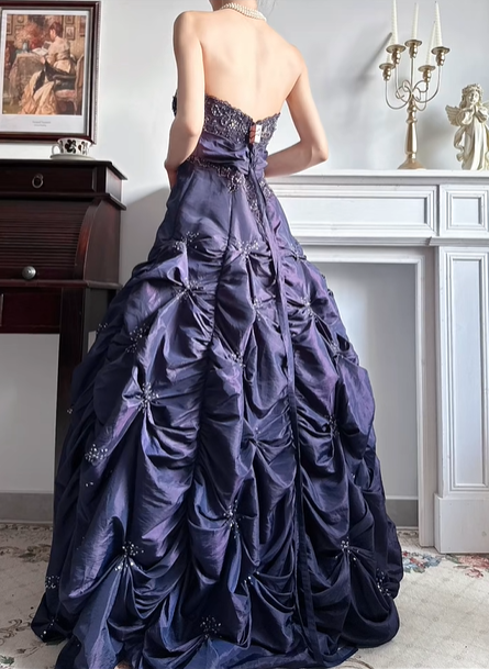 Dark‑Purple Strapless Beaded‑Rhinestone‑Embroidery Bow‑Gem Pick‑Up‑Ballgown Floor‑Length Vintage Evening Prom Gown gh8804