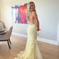 Robe de soirée longue en dentelle jaune élégante et délicate avec broderie florale et appliques gh3356