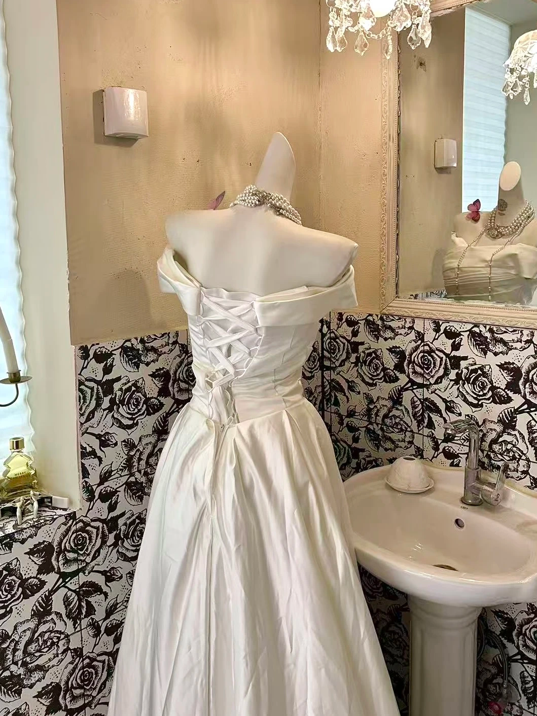 White Satin Off-the-Shoulder Waist-Cinched Long Elegant Romantic Dress, Wedding Gown gh7579