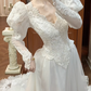 White Vintage Tulle Wedding Gown, V‑Neck Leg‑of‑Mutton Puff Long Sleeves, Tulle Lace Embroidered Long Sleeves, Heavy Lace Appliqués Fitted Bodice, A‑Line Long Train With Multi‑Layer Ruffle Lace Hem, Prom & Wedding Dress gh8666