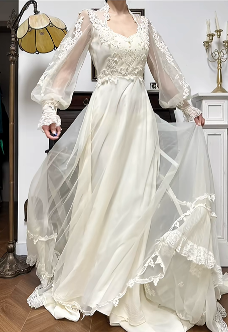 Ivory Vintage Lace Stand Collar Lantern Sleeve Tiered Lace‑Trim Long Train Tulle Wedding Dress gh8765