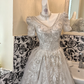 Silver Gray Beaded V-Neck Waist-Cinched Full Flared Skirt Classic Elegant Romantic Dress, Wedding Gown gh7638