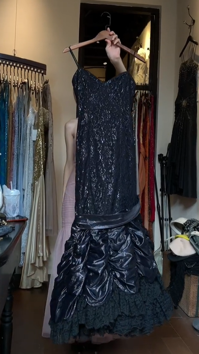 Spaghetti Strap Black Sequin Prom Dress Wide Satin Waist Ruched Ruffle Lace Tiered Formal Evening Gown gh9805