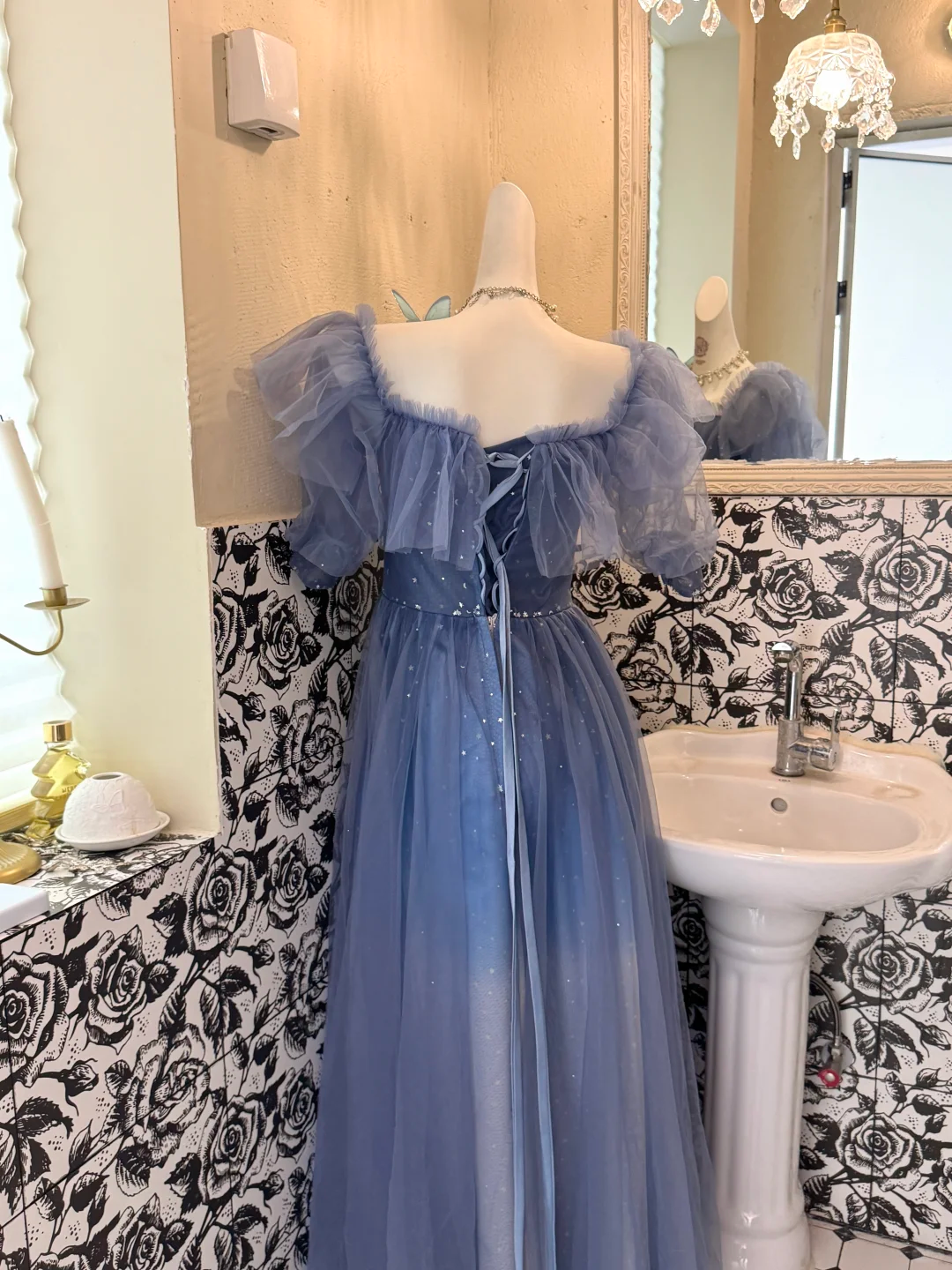 Dusty Blue Off-the-Shoulder Waist-Cinched Long Vintage Romantic Gown gh7553