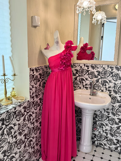 Magenta One-Shoulder Floral Design High Waist Slimming Romantic Dress, Wedding Gown gh7588