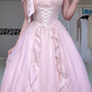 Soft Pink Spaghetti Strap Off‑Shoulder Long Gown, Lace Trim Square Neck, Corset Lace‑Up Bodice, Shoulder Bow Detail, Satin Ruffle Trim, Tulle Ball‑Gown Maxi Skirt, Prom Party Dress gh8926