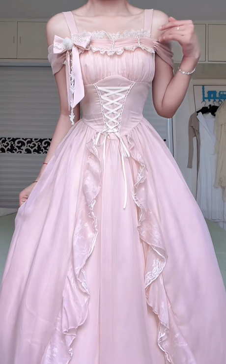 Soft Pink Spaghetti Strap Off‑Shoulder Long Gown, Lace Trim Square Neck, Corset Lace‑Up Bodice, Shoulder Bow Detail, Satin Ruffle Trim, Tulle Ball‑Gown Maxi Skirt, Prom Party Dress gh8926
