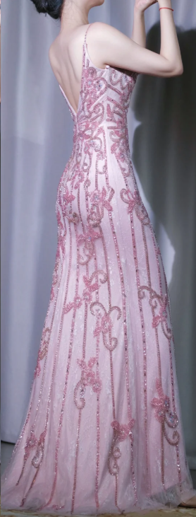 ✨Girlhomeshops-Pink Beaded Mermaid Long Prom Gown Spaghetti Strap Sheer Mesh Formal Cocktail Dress gh10110