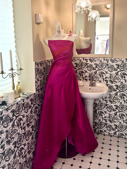 Magenta Strapless Waist-Cinched A-Line Long Romantic Dress, Wedding Gown gh7629
