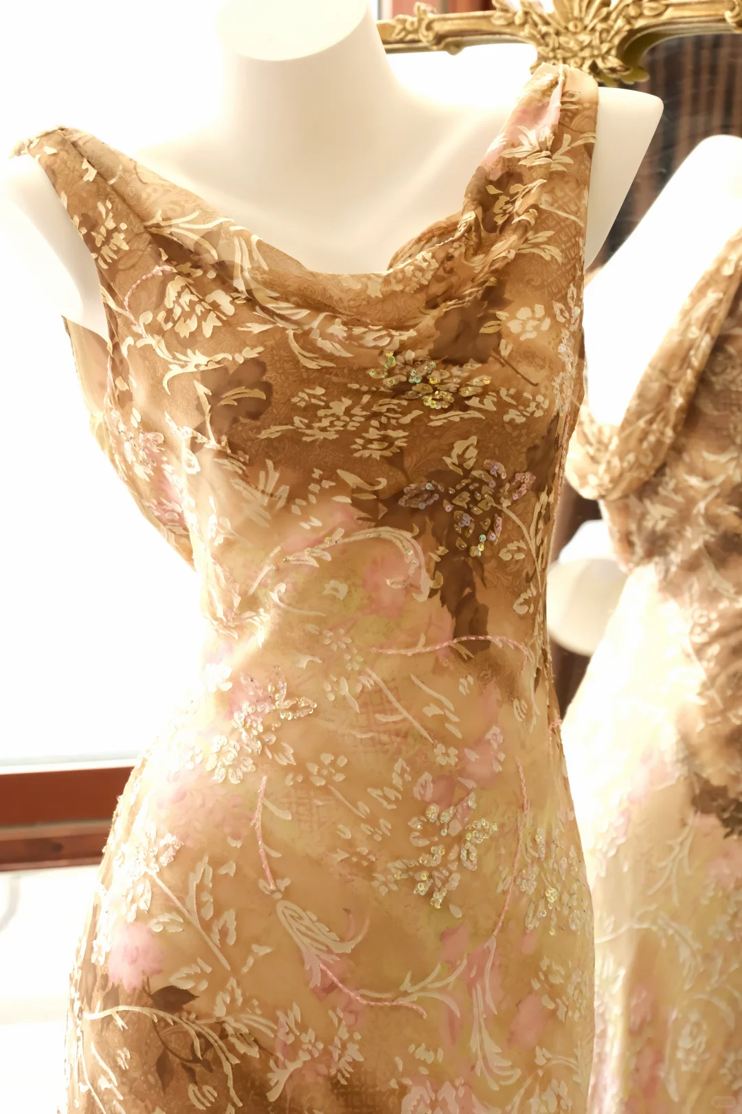 Women Vintage Floral Print Long Evening Gown Cowl Neck Sleeveless Brown Pink Ombre Chiffon Mermaid Formal Dress gh9574