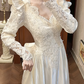 Ivory Vintage Satin Wedding Gown, V‑Neck 3D Bow Puff Shoulders, Lace Embroidered Long Sleeves, Lace Appliqués Fitted Waist, A‑Line Long Train With Scalloped Lace Hem, Prom Dress gh8665