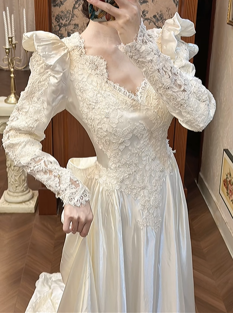Ivory Vintage Satin Wedding Gown, V‑Neck 3D Bow Puff Shoulders, Lace Embroidered Long Sleeves, Lace Appliqués Fitted Waist, A‑Line Long Train With Scalloped Lace Hem, Prom Dress gh8665