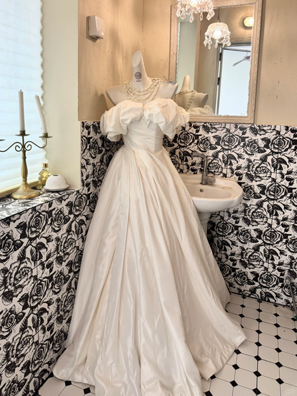 White Off-Shoulder Soft Waist-Cinched Fitted Satin Long Romantic Dress, Wedding Gown gh7513