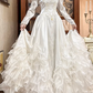 White Vintage Satin Ball Gown Wedding Prom Dress, V‑Neck, 3D Floral Shoulders, Leg‑of‑Mutton Long Sleeves, Multi‑Tier Ruffled Cake Skirt gh8685