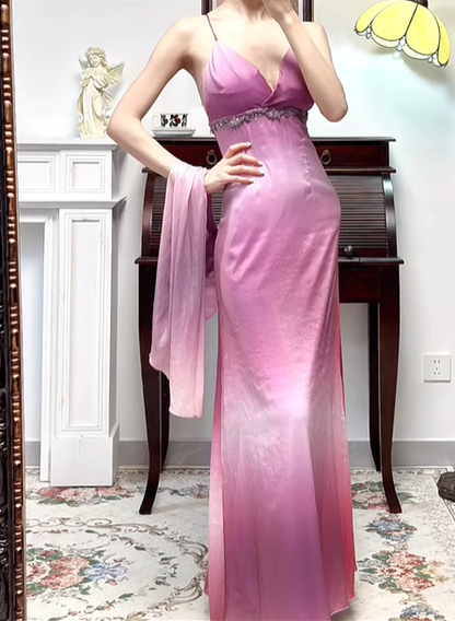 Pink‑Purple Ombré Vintage Spaghetti‑Strap V‑Neck Prom Gown, Lace‑Beaded Trim At Waist, Iridescent Shiny Satin, Fitted Bodycon Mermaid Long Dress, Matching Ombré Shawl, Evening Prom Dress gh8812