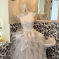 Ivory Spaghetti Strap Waist-Cinched Multi-Layer Voluminous Skirt Long Elegant Romantic Dress, Wedding Gown gh7590