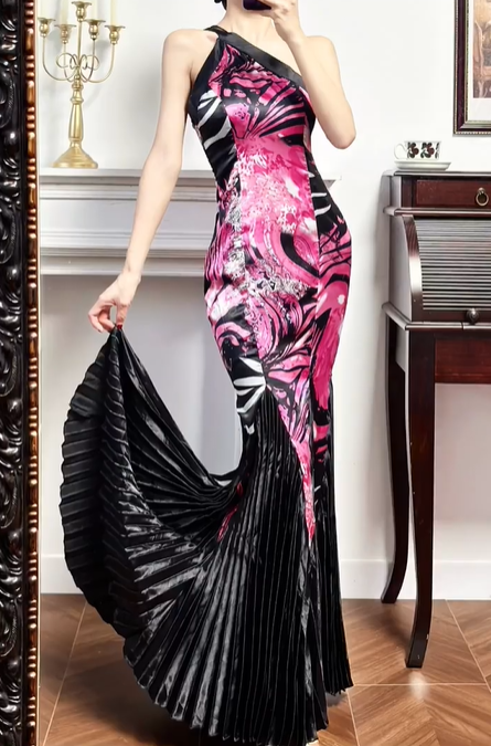 Black‑Pink Contrast Vintage Halter One‑Shoulder Prom Gown, Abstract Floral Print Satin Fitted Mermaid Bodice, Large Black Pleated Mermaid Skirt, Draped Floor‑Length Silhouette, Sexy Evening Prom Dress gh8791