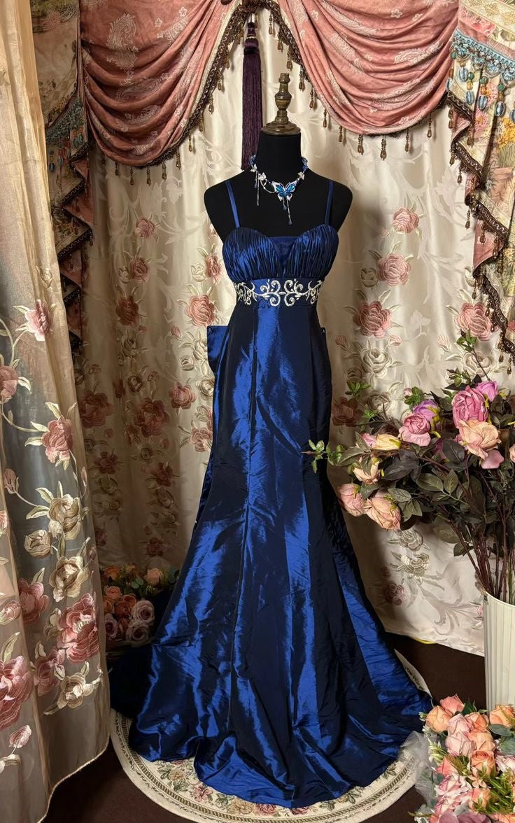 Blaues Vintage-Abendkleid mit Spaghettiträgern und langem Satin-Ballkleid gh3043