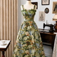 Oil‑Painting Floral Vintage Midi Dress, Square Neck Wide Straps With Olive‑Green Bows High Waist A‑Line Swing Skirt Garden Party Gown gh9098