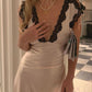 Champagne V-neck black lace long elegant satin ball gown evening dress wedding guest dress gh3120