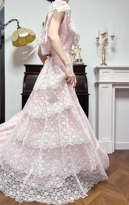 Light Pink Vintage Lace Prom Gown, Off‑The‑Shoulder Lace Ruffle Short Sleeves, Fitted Waist Long Lace Flared Skirt, Ruffled Lace Hem, Evening Prom Dress gh8737