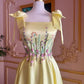 Yellow gorgeous exquisite wide straps floral long floor length train satin formal custom ball gown evening dress gh3149