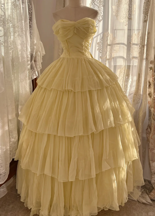 Cream Yellow Strapless Vintage Princess Gown, Tiered Tulle Party Dress gh9321