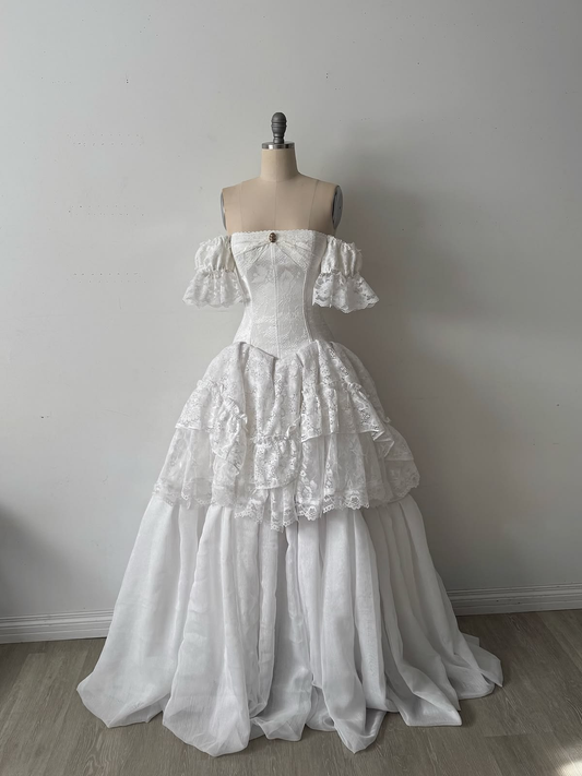 ✨Girlhomeshops-Off The Shoulder White Lace Corset Vintage A Line Wedding Prom Gown gh10216
