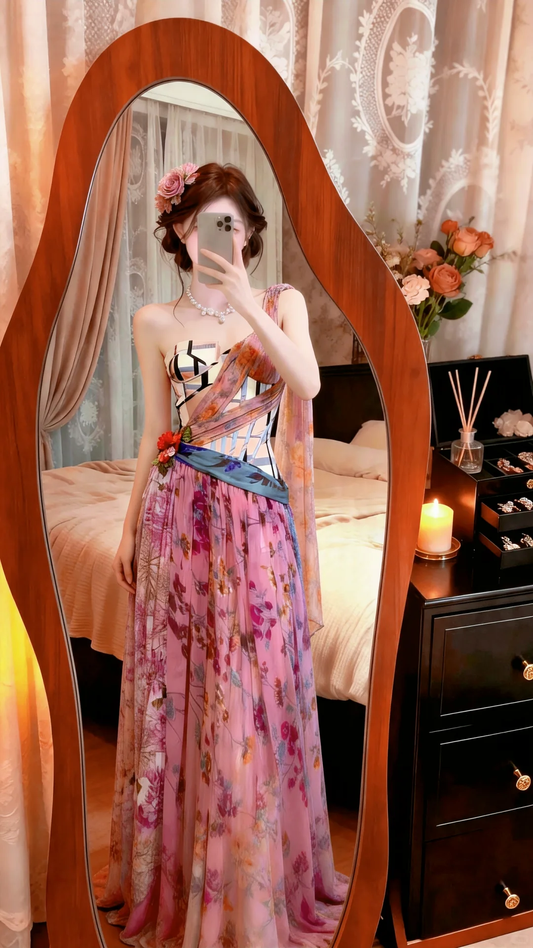 Vintage Oil‑Painting Floral Chiffon Evening Gown, Asymmetrical One‑Shoulder Drape Corset Bodice Printed Long Prom Dress gh9127