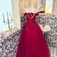 Red Off-the-Shoulder Rhinestone Cinched Waist Voluminous Skirt Long Romantic Dress, Wedding Gown gh7808