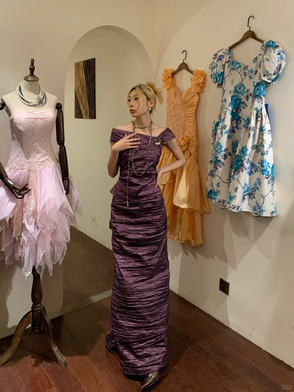 Off Shoulder Dark Purple Ruched Formal Gown, Shimmer Crinkle Texture Mermaid Long Prom Dress gh9875