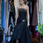 Black Strapless Long Formal Gown Hand Beaded Rhinestone Asymmetrical Mermaid Evening Dress gh9662