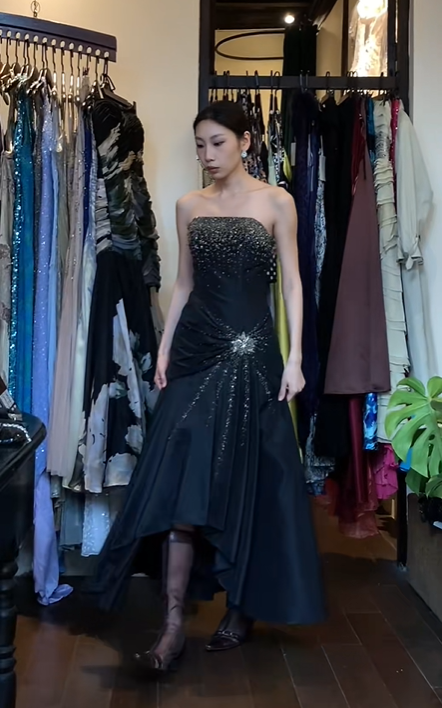 Black Strapless Long Formal Gown Hand Beaded Rhinestone Asymmetrical Mermaid Evening Dress gh9662