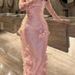 Robe de soirée rose en satin à manches longues et imprimé floral fait main gh7076