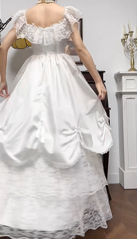 Ivory Vintage Satin Wedding Gown, Square Neck With Lace Flutter Sleeves, Fitted Waist, Outer Ruched Bow Satin Over‑Skirt, Inner Multi‑Tier Lace Cake Layered Long Skirt, Bridal Prom Dress gh8756