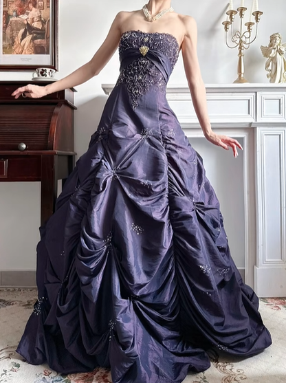 Dark‑Purple Strapless Beaded‑Rhinestone‑Embroidery Bow‑Gem Pick‑Up‑Ballgown Floor‑Length Vintage Evening Prom Gown gh8804