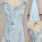 Abendkleid Hellblau Satin Transparent Langärmelig Perlenbesetztes Blumenmuster Bodenlanges Abendkleid gh6389