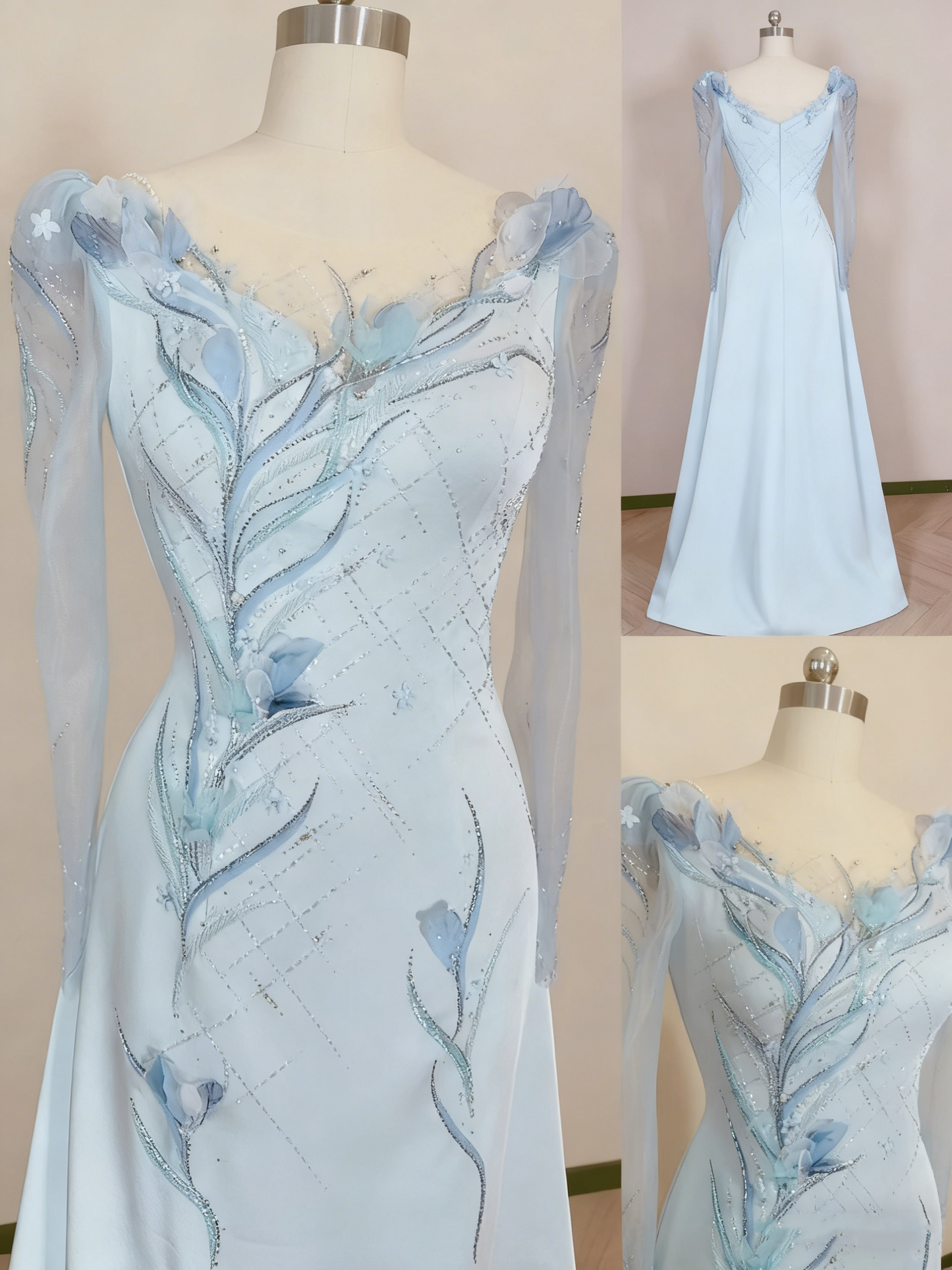 Abendkleid Hellblau Satin Transparent Langärmelig Perlenbesetztes Blumenmuster Bodenlanges Abendkleid gh6389