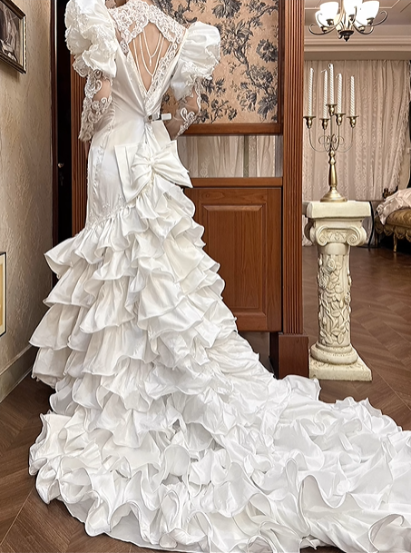 White Vintage Satin Mermaid Wedding Gown, V‑Neck Big Puff Short Sleeves, Sheer Lace Embroidered Long Sleeves, Full‑Body Lace Appliqués Fitted Mermaid Silhouette, Multi‑Layer Ruffle Tiered Mermaid Skirt, Prom & Wedding Dress gh8670