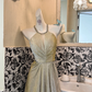 Light Sage Green Halter Waist-Cinched Full Flared Skirt Elegant Romantic Dress gh7609