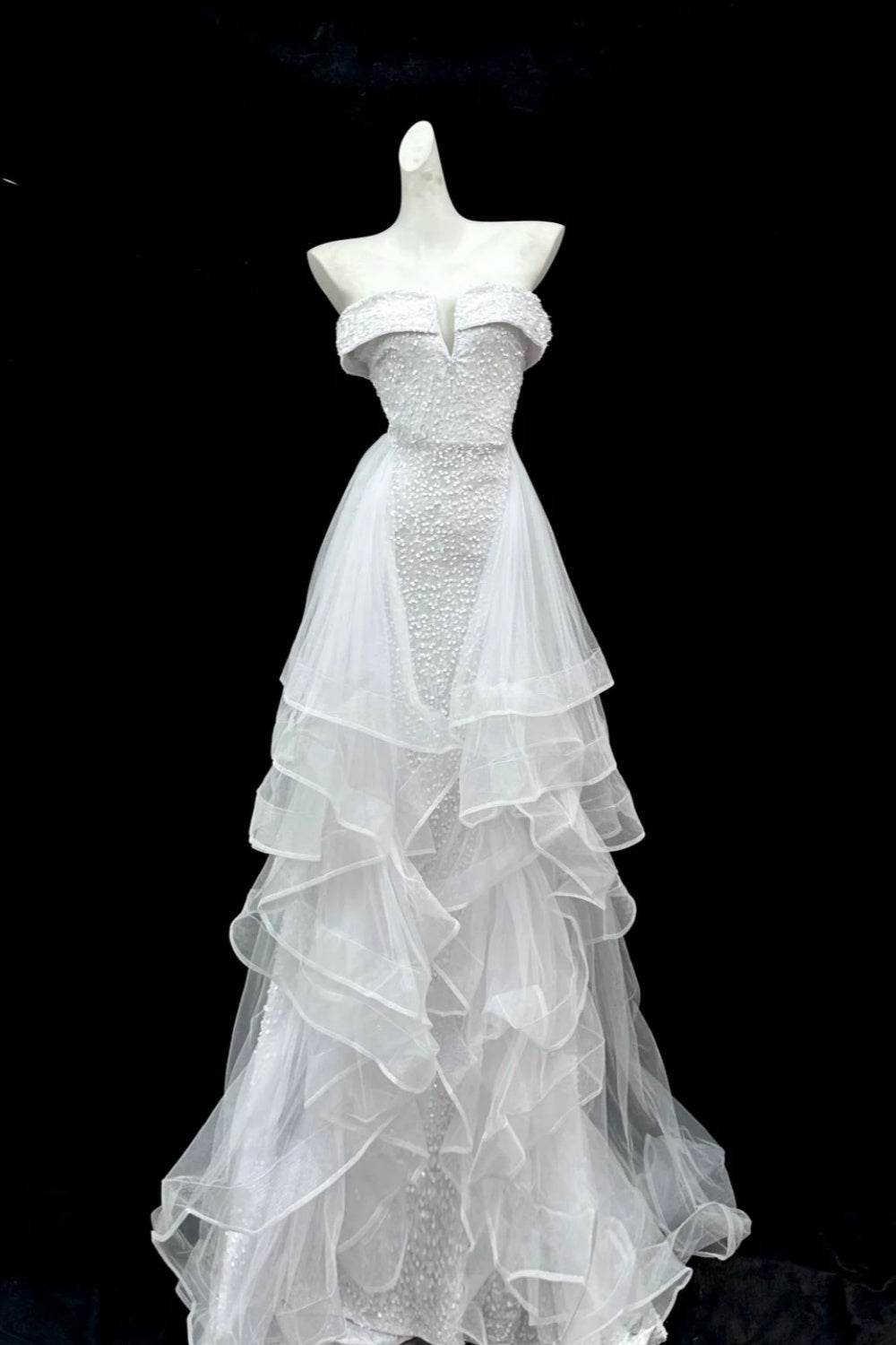 Girlhomeshops--White shimmery long tulle ruffled wedding dress prom dress gh5473