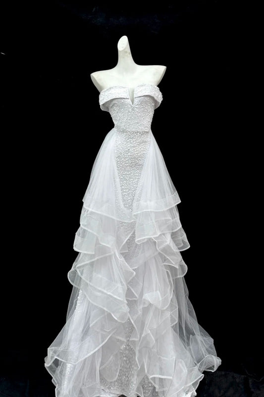 Girlhomeshops--White shimmery long tulle ruffled wedding dress prom dress gh5473