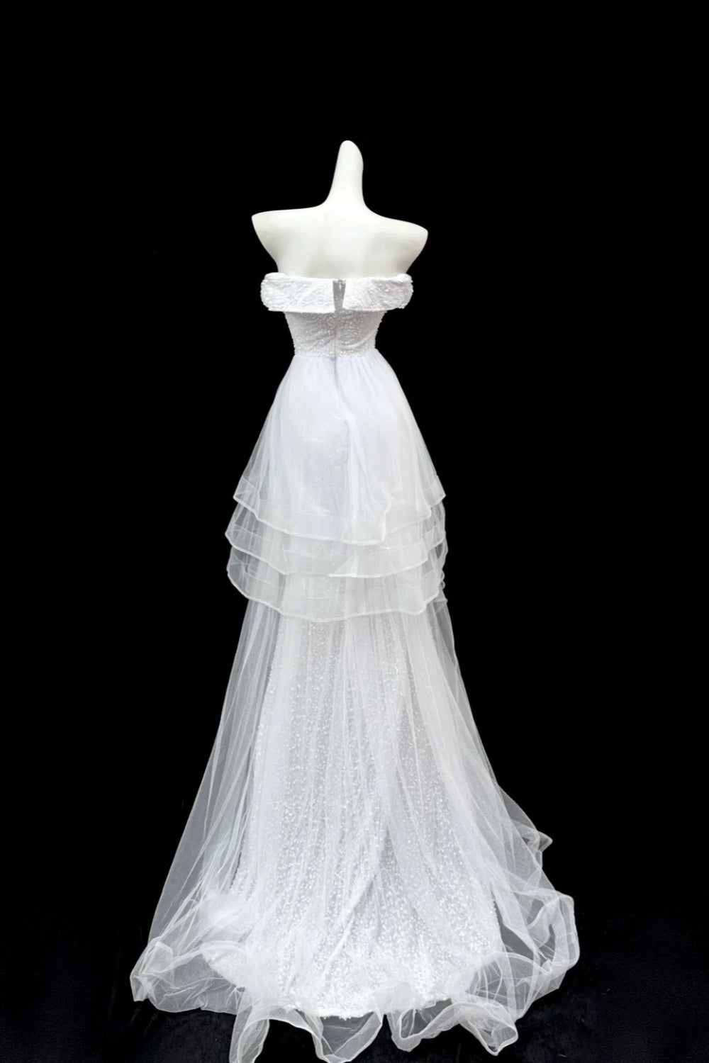 Girlhomeshops--White shimmery long tulle ruffled wedding dress prom dress gh5473