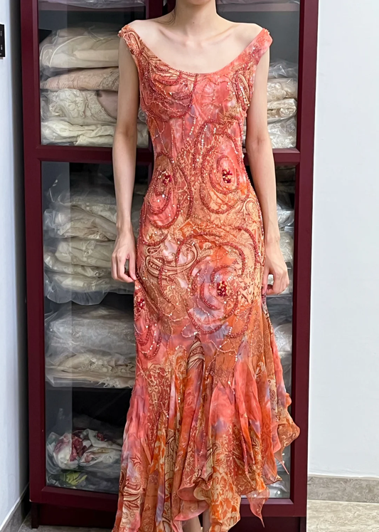 Orange Pink Floral Print Maxi Gown, U Off Shoulder Beaded Mermaid Party Dress gh9327