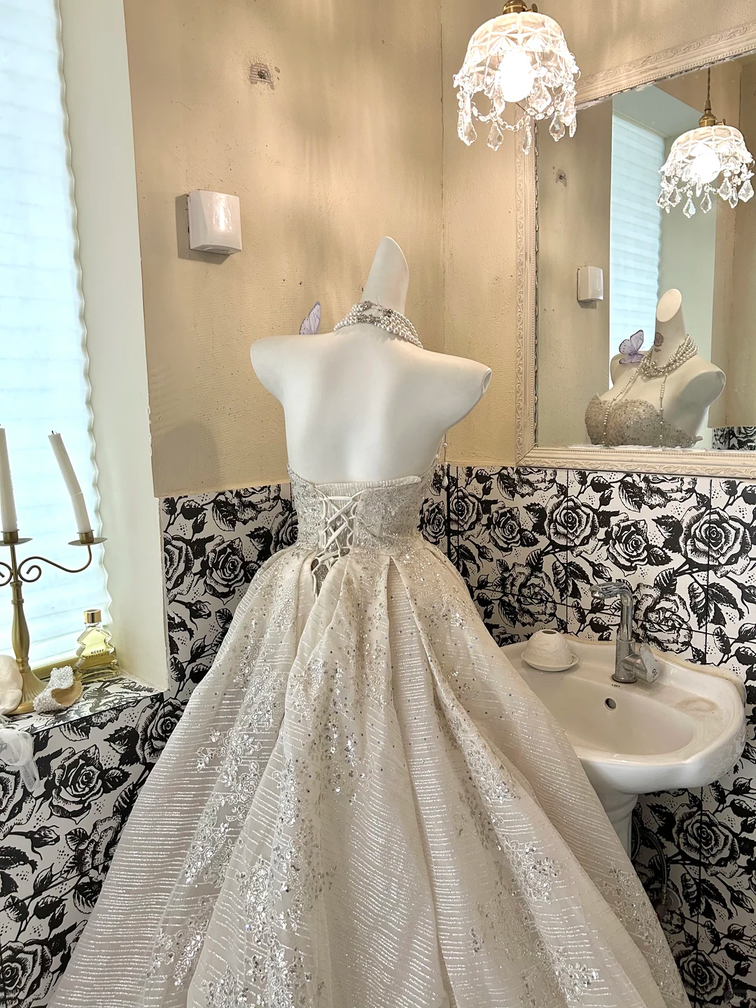 Ivory Strapless Gown with Silver Decorations, Waist-Cinched Full Flared Long Romantic Dress, Wedding Gown gh7699
