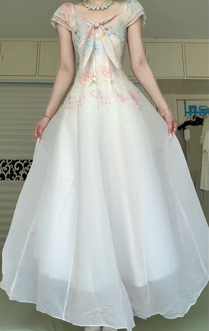 Watercolor Floral Print Long Evening Gown, Square Neck Cap Sleeve Bow Tie Chiffon A‑Line Prom Dress for Party Banquet gh8961